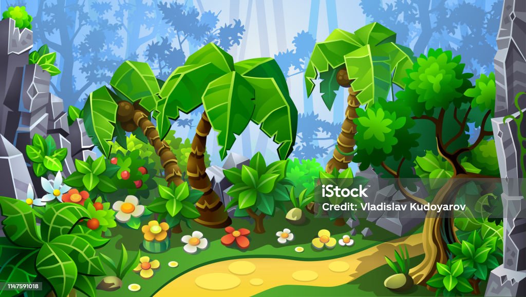 Fantastic jungle forest. Trail in fantastic jungle forest. Fairy flowers and plants. Vector illustration. Rainforest stock vector