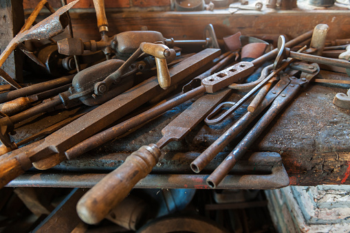 Old-style toolboxes, tool wrenches