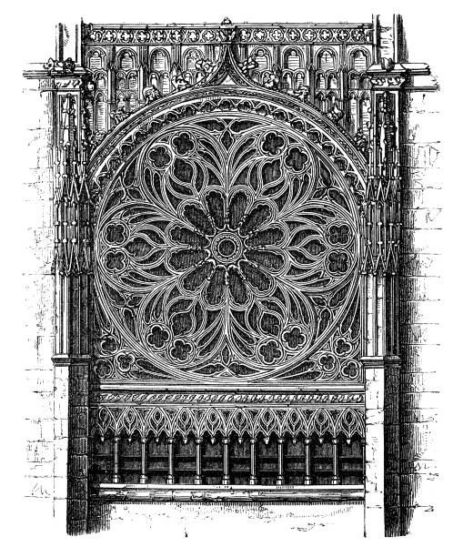 루앙에 있는 교회의 세부, 창 장미 - window rose window gothic style architecture stock illustrations
