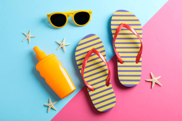 istock Summer vacation composition on two tone background. Top view, closeup 1147592516