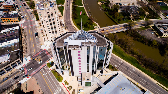 An aerial view of the downtown area of Mount Clemens, Michigan, including the Macomb County Administration Building