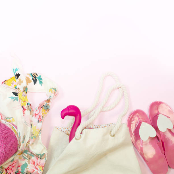 istock Tropical summer background with flamingo decor. View from above. Flat lay 1147595837