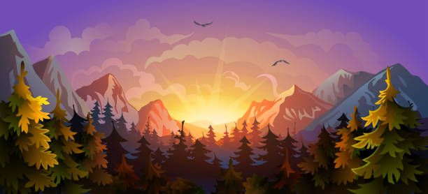 закат в лесу и горах - illustration and painting panoramic sky snow stock illustrations