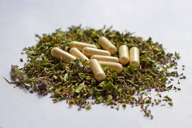 nutritional supplements pills and capsules on dried herbs background. alternative herbal medicine, naturopathy and homeopathy, medical pharmaceutical drug, organic vitamins and multivitamins concept - chinese medicine herb pill nutritional supplement imagens e fotografias de stock
