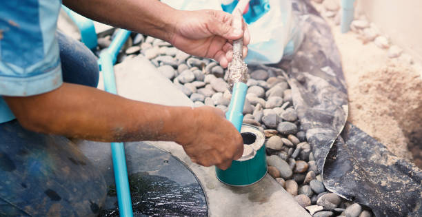 istock Fixing leaking water pipe underground the house by plumber which finding leaked point and take out broken piece and maintenance by apply special glue to connect old with new blue pip line 1147599677
