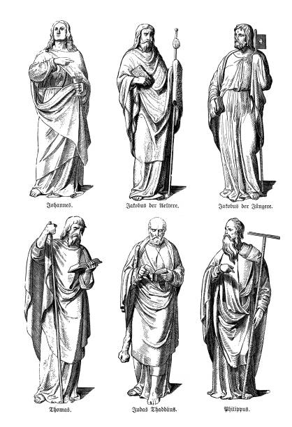 Apostles statues, Johannes, Jakobus, Thomas, Judas, Philipps, Philipps. Illustration from 19th century judas stock illustrations