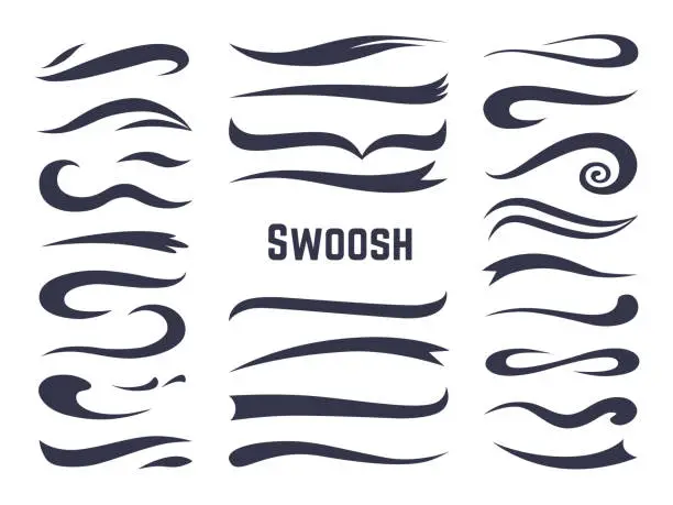 Vector illustration of Swooshes and swashes. Underline swish tails for sport text logos, swirl calligraphic font line decoration element. Vector swash set