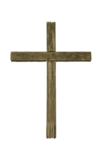 Wooden christian cross on a white background.