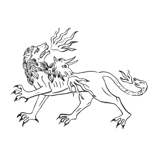 Medieval art chimera fire breathing lion with goat head and snake Medieval art chimera fire breathing lion with goat head and snake illuminated scroll illustration ink drawing ancient beast in bestiary of european monks vector isolated on white gargoyle stock illustrations