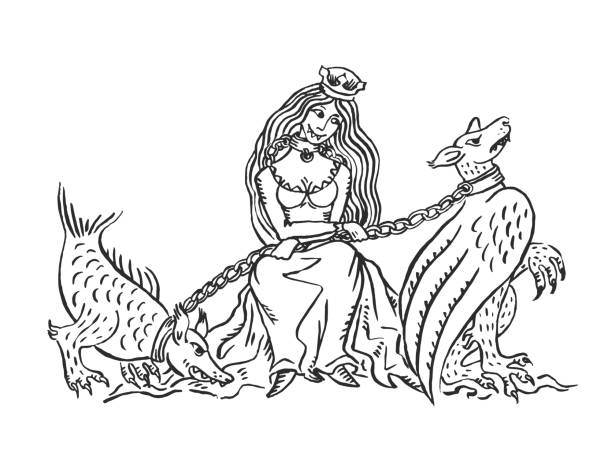 Medieval art evil queen with chimera pets Medieval art evil queen with chimera pets in chains illuminated manuscript ink drawing animal abuse concept European middle ages Chompette vector illustration isolated on white gargoyle stock illustrations