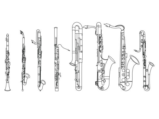 Black and white line art drawing of  Woodwind Octet illustration Simple black line drawing of outline Clarinet, Bassoon, Contrabassoon, Saxophone musical instrument contour contra bassoon stock illustrations