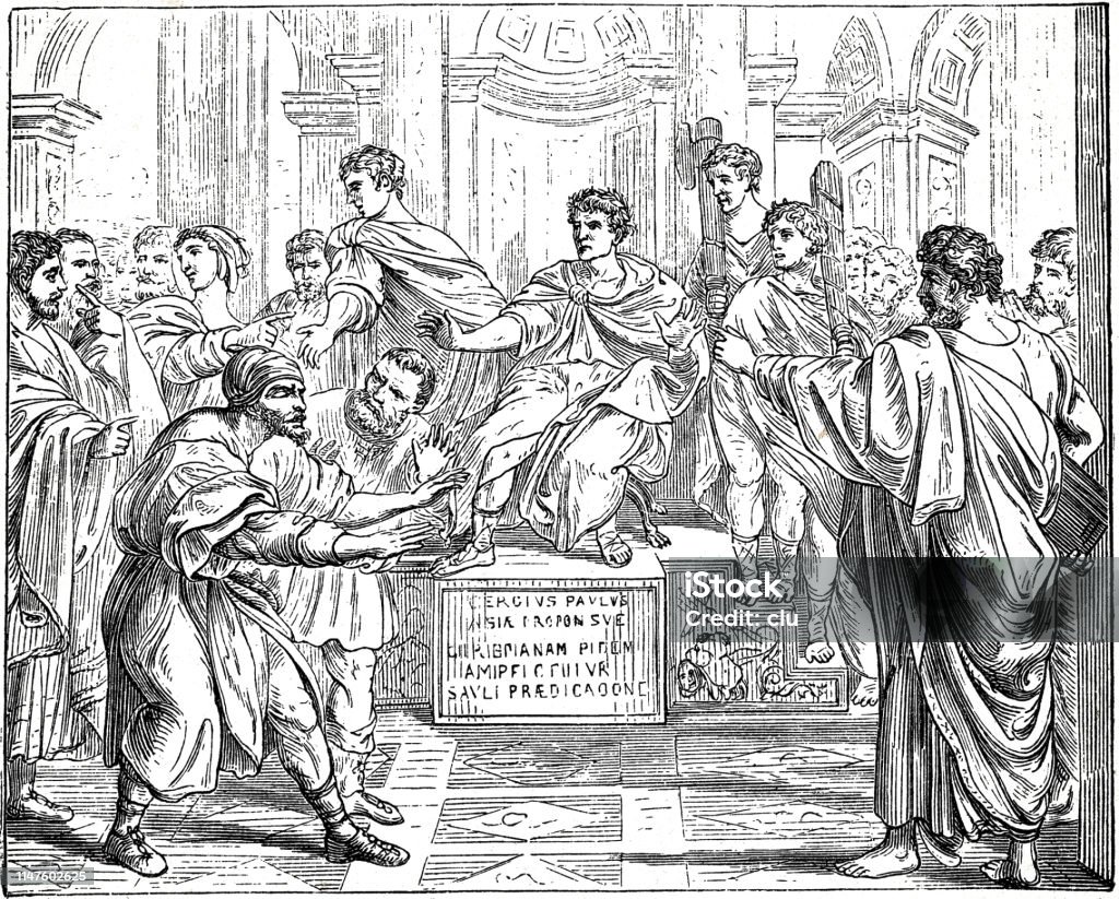 Punishment of the Wizard Elymas Illustration from 19th century 19th Century stock illustration