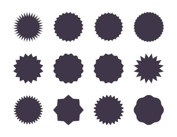 Starburst sale sticker. Sunburst price tag, promotion star set, black silhouettes on white background. Vector sale stickers Starburst sale sticker. Sunburst price tag, promotion star set, black silhouettes on white background. Vector sale stickers jagged edge rounded star shape stock illustrations