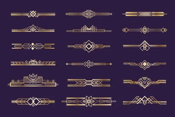 Vector illustration of Art deco set. Vintage 1920s golden ornament, nouveau style headers and dividers, retro border element. Vector golden art deco template