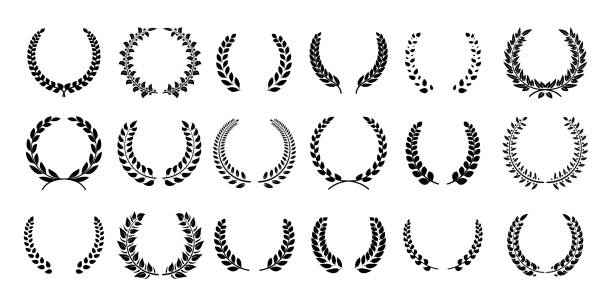 1902.m30.i030.n009.P.c25.493592398 Golden awards. Realistic trophy cup, contest prize 3D design, sport reward concept, win and success elements collection. Vector cups 1 Silhouette laurel wreath. Greek olive branch, champion award emblems, leaves round prizes symbols. Vector illustration black laurels wreath laurel wreath illustrations stock illustrations