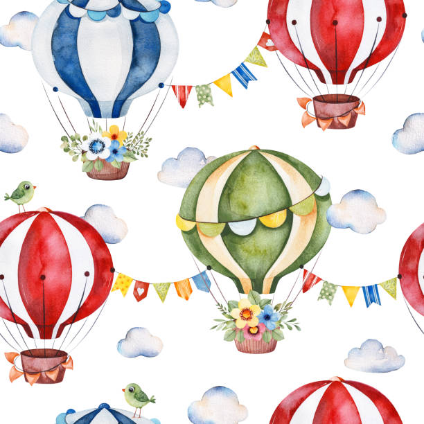 Texture with cute air balloons,bouquets,garlands,fluffy clouds and more Lovely circus pattern.Seamless Texture with cute air balloons,bouquets,garlands,fluffy clouds and more.Perfect for wedding,invitations,wallpaper,print,packaging design,Birthday cards and baby shower watercolor hot air balloon stock illustrations