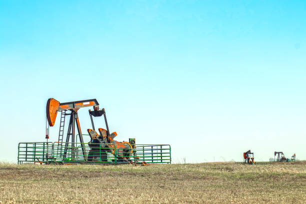 Close--up of oil well pump jack out in a field enclosed in a metal cattle fence with two other pumping wells in the distance all set on the horizon of the prairie Close--up of oil well pump jack out in a field enclosed in a metal cattle fence with two other pumping wells in the distance all set on the horizon of the prairie grasshopper photos stock pictures, royalty-free photos & images