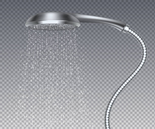 Bathroom metal head. Realistic water rain shower, isolated metal sprinkler with water spray. Vector realistic shower watering Bathroom metal head. Realistic water rain shower, isolated metal sprinkler with water spray. Vector realistic elegant contemporary shower watering spraying water stock illustrations