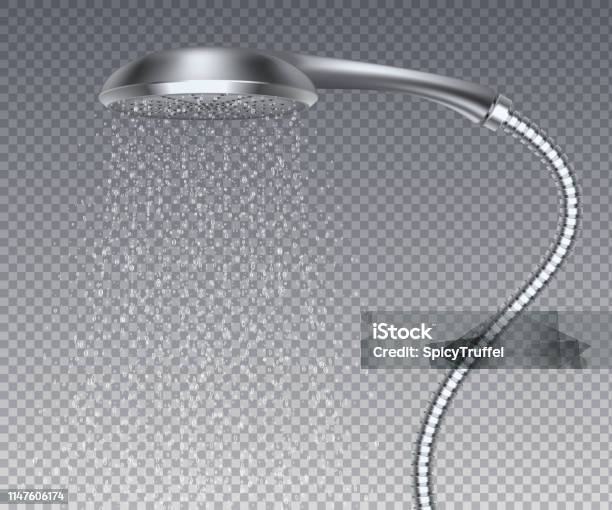 Bathroom Metal Head Realistic Water Rain Shower Isolated Metal Sprinkler With Water Spray Vector Realistic Shower Watering Stock Illustration - Download Image Now