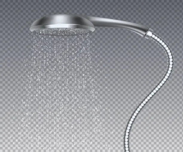 Vector illustration of Bathroom metal head. Realistic water rain shower, isolated metal sprinkler with water spray. Vector realistic shower watering