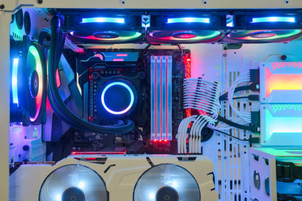 istock Desktop PC Gaming and Cooling Fan CPU system with multicolored LED RGB light show status on working mode 1147606388