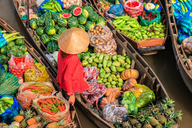 femme vietnamienne vendant des fruits sur le marché flottant, delta du fleuve mékong, vietnam - culture vietnamienne photos et images de collection