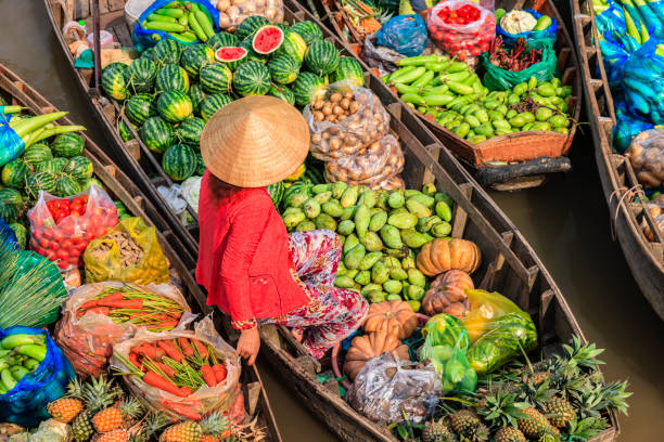 вьетнамская женщина, продающая фрукты на плавучем рынке, дельта реки меконг, вьетнам - река меконг стоковые фото и изображения
