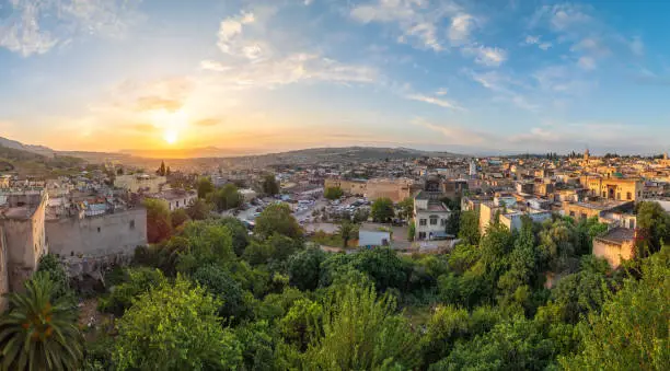 Panoramic view of Fes at sunset time, Morocco