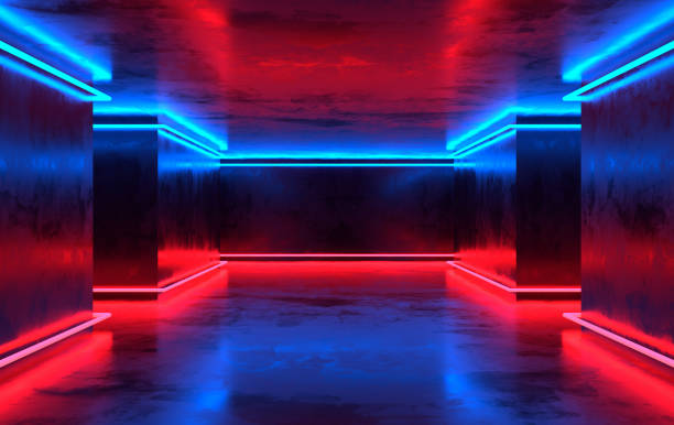Futuristic sci-fi concrete room with glowing neon. Virtual reality portal, computer video games, vibrant colors, laser energy source. Blue and red neon lights