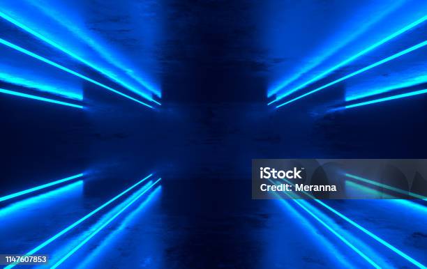 Futuristic Scifi Concrete Room With Glowing Neon Virtual Reality Portal Computer Video Games Vibrant Colors Laser Energy Source Blue Neon Lights Stock Photo - Download Image Now