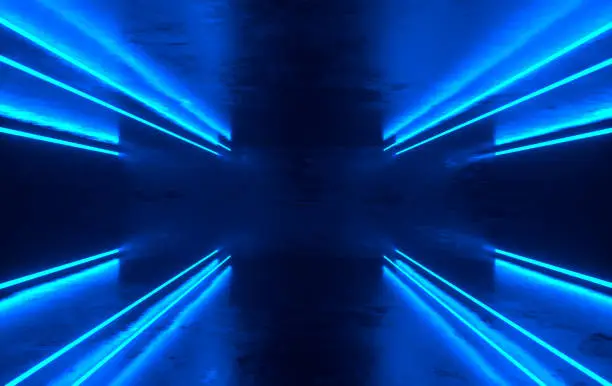 Photo of Futuristic sci-fi concrete room with glowing neon. Virtual reality portal, computer video games, vibrant colors, laser energy source. Blue neon lights
