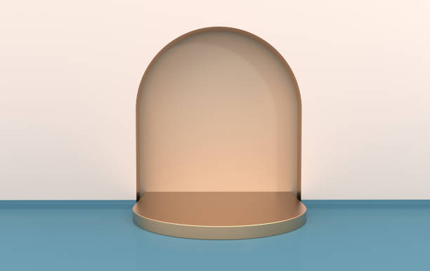 istock Wall scene with arch and podium in pastel colors. 3D rendering interior. platforms for product presentation, mock up background. Abstract composition in minimal design 1147607992