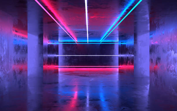 istock Futuristic sci-fi concrete room with glowing neon. Virtual reality portal, computer video games, vibrant colors, laser energy source. Blue and pink neon lights 1147607997