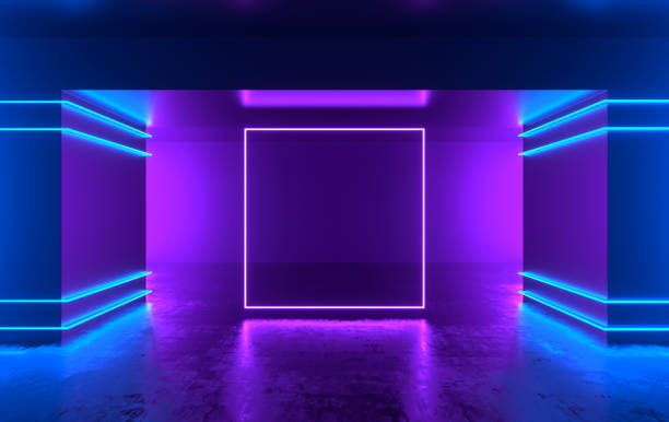 istock Futuristic sci-fi concrete room with glowing neon. Virtual reality portal, computer video games, vibrant colors, laser energy source. Blue and pink neon lights 1147608014