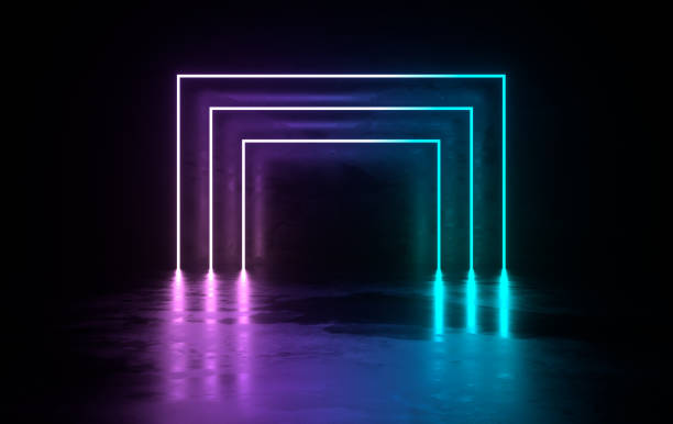 istock Futuristic sci-fi concrete room with glowing neon. Virtual reality portal, computer video games, vibrant colors, laser energy source. Blue, purple, pink gradient neon lights 1147608016