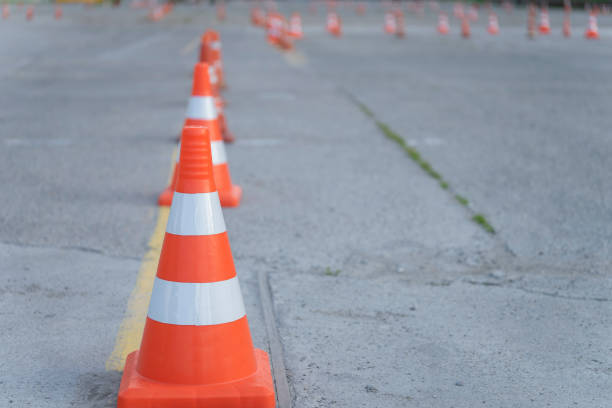 Traffic cones in driving school. Concept driving courses or driving licence training. Close up.
