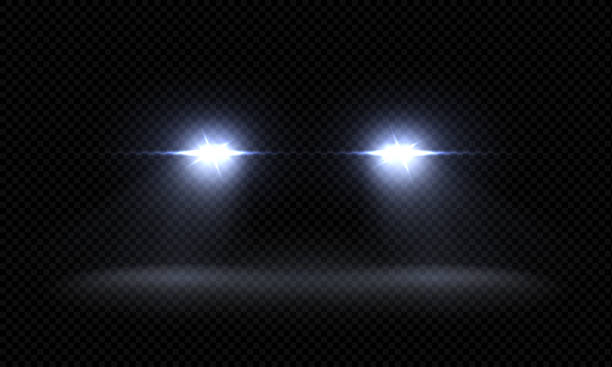 realistyczne reflektory samochodowe. trenuj przednie wiązki światła, przezroczyste, świecące promienie świetlne, nocne efekty świetlne. wektorowe światła 3d - headlight stock illustrations