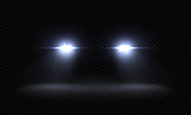 ilustrações de stock, clip art, desenhos animados e ícones de realistic car headlights. train front light beams, transparent bright glowing light rays, night road light effects. vector 3d lights - farol estrutura construída