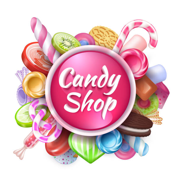 illustrazioni stock, clip art, cartoni animati e icone di tendenza di sfondo caramelle. dolci e dessert realistici incorniciano con testo, lecca-lecca caramelle colorate e bonbon caramellato. set di dolci vettoriali - lollipop isolated multi colored candy