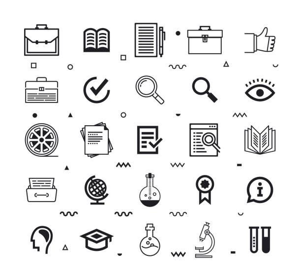 Case Study Consulting Line Style Vector Icon Set Case study consulting outline style symbols. Line vector icons set for infographics, mobile and web designs. stem research stock illustrations