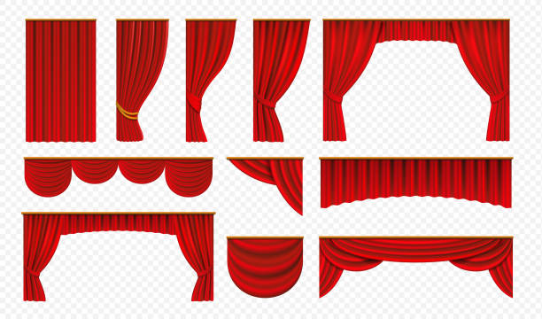 ilustraciones, imágenes clip art, dibujos animados e iconos de stock de cortinas rojas realistas. cortinas de teatro, decoración de portada de boda de lujo, fronteras teatrales. seda vectorial de ópera aislada sobre blanco - play