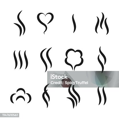 istock 1904.m30.i120.n001.P.c25.1159560136 Aroma steam icons. Warm vapour and cooking smell abstract symbols, aroma water and oil odor. Vector tea and coffee smell black logos 1147610561