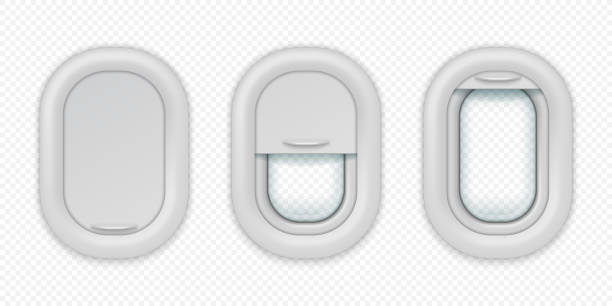 istock Airplane windows. Realistic aircraft porthole in different positions, open closed and half closed. Vector isolated design template 1147610562