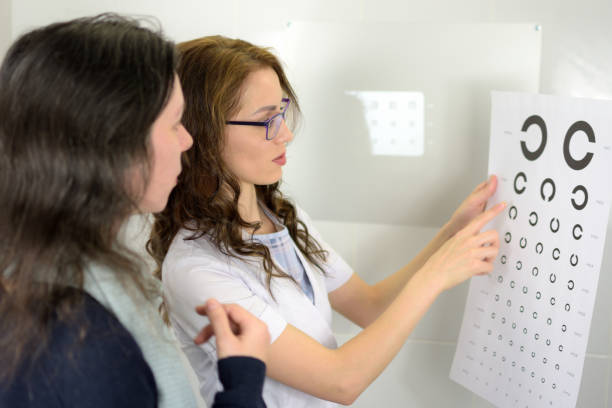 istock pretty young woman ophthalmologist optometrist optician showing visual acuity test charts 1147613568