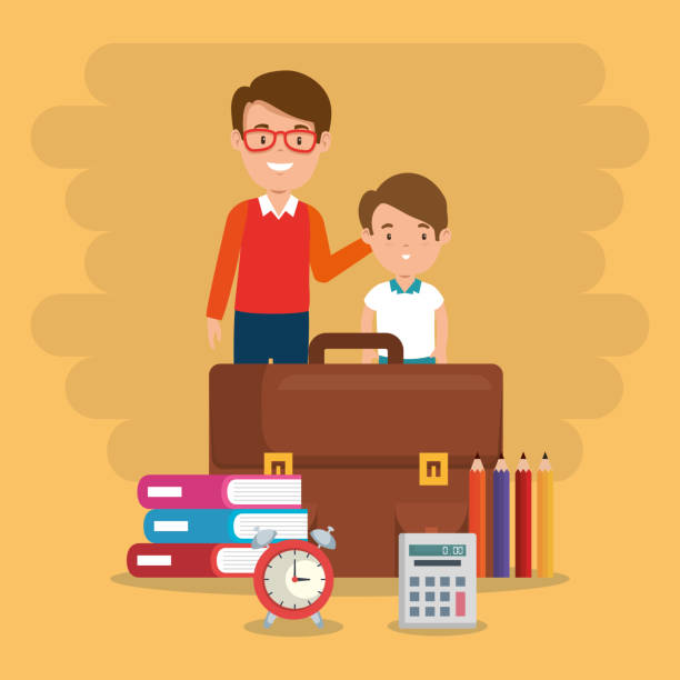 little boy with teacher and school supplies little boy with teacher and school supplies vector illustration design kindergarten portfolio stock illustrations