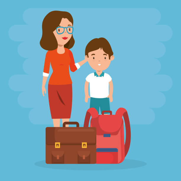 little boy with teacher and school supplies little boy with teacher and school supplies vector illustration design kindergarten portfolio stock illustrations