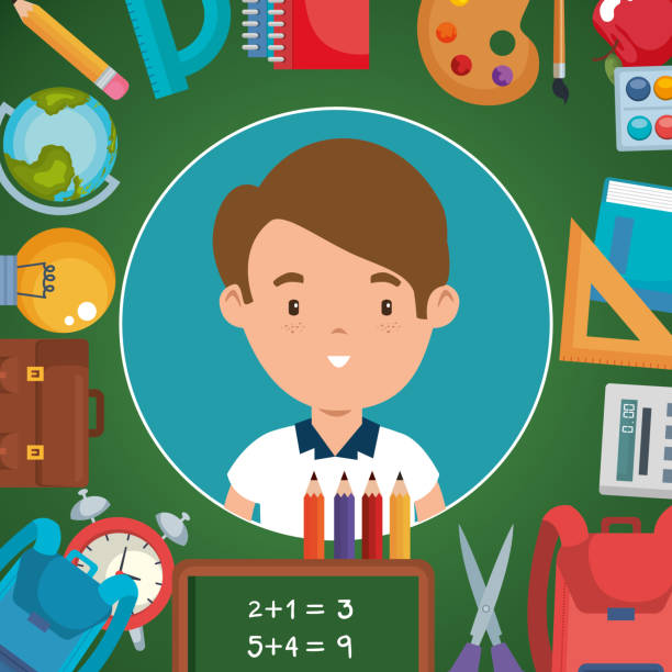 little boy with school supplies little boy with school supplies vector illustration design kindergarten portfolio stock illustrations