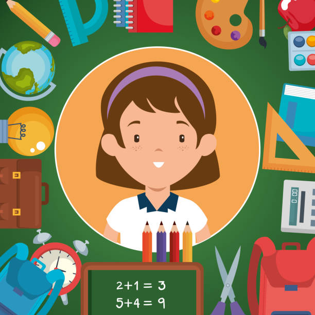 little girl with school supplies little girl with school supplies vector illustration design kindergarten portfolio stock illustrations