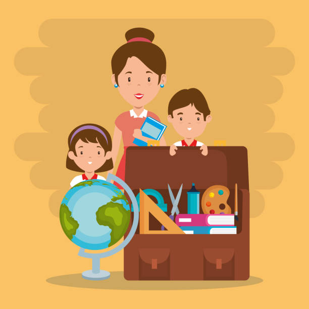 little kids with school supplies and teachers little kids with school supplies and teachers vector illustration design kindergarten portfolio stock illustrations