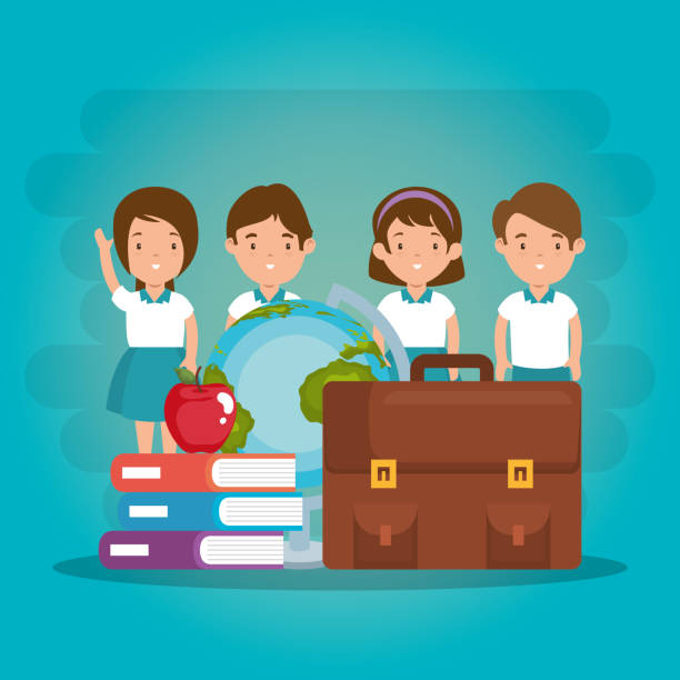 little kids with school supplies little kids with school supplies vector illustration design kindergarten portfolio stock illustrations